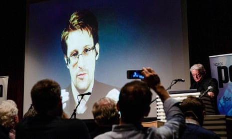 Edward Snowden is seen live from Moscow at an event in Oslo, Norway on 18 November 2016.