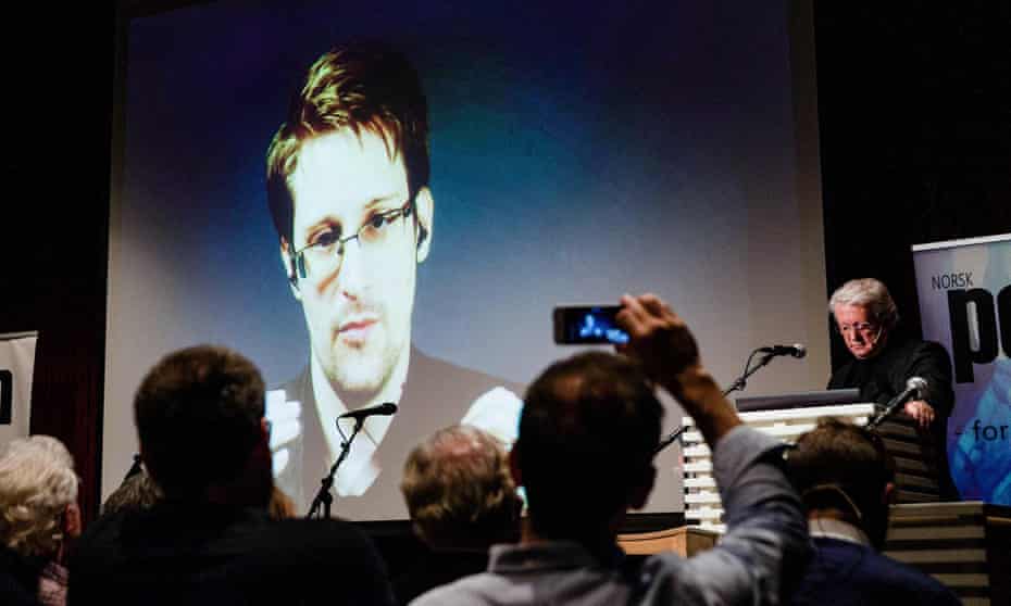 Edward Snowden is seen live from Moscow at an event in Oslo, Norway on 18 November 2016.