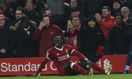 Sadio Mané celebrates Liverpool’s third goal.