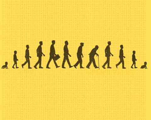 Illustration of the ages of man, but instead of going from baby to an old man it goes from baby to old man to young man and back to baby