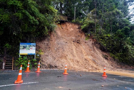 A landslip next to a road in Titirangi, West Auckland on Tuesday.