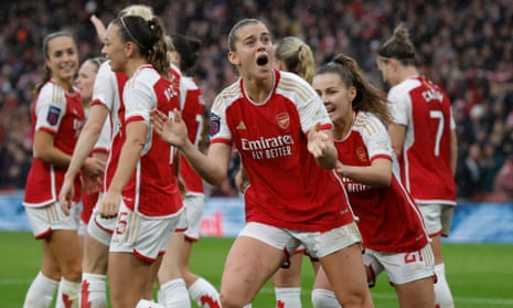 Alessio Russo celebrates after she scores the third Arsenal goal in their 4-1 win against Chelsea in December.
