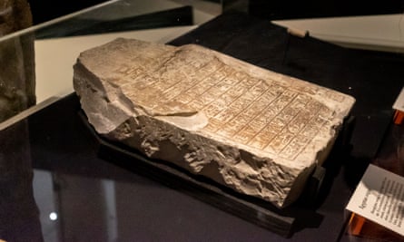 A 3,600-year-old limestone slab covered in hieroglyphs, the oldest object at the British Library.