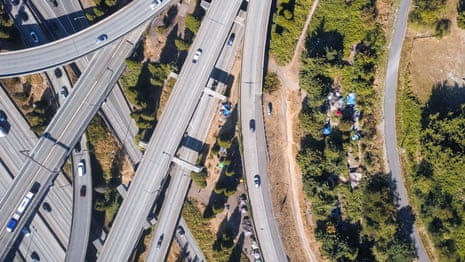 Homeless encampments next to the I-90/I-5 interchange in Seattle, WA.