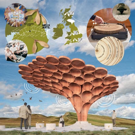 Concept art showing people standing under a large, tree-like sculpture, with inset images of seed pods located around the UK and a slice of tree trunk being played like a vinyl record