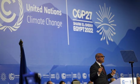 Simon Stiell, the UN climate chief, speaks at the opening of Cop27