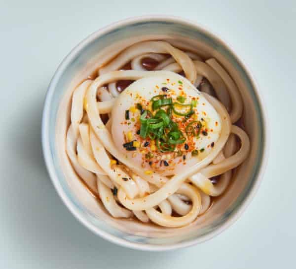 Chilled udon with onsen egg and togarashi.