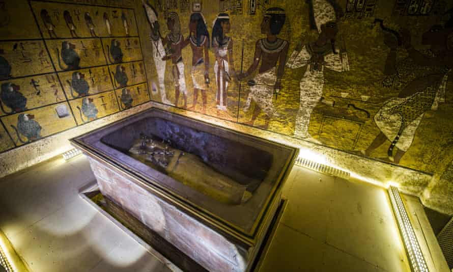 The golden sarcophagus of Tutankhamun in his burial chamber.
