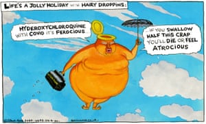 Steve Bell cartoon 24/04/20: Trump as Mary Poppins, singing the praises of hydroxychloroquine to tune of Supercalifragilisticexpialidocious