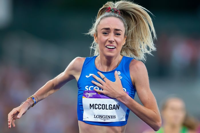 Joy for Scotland’s Eilish McColgan as she crosses the line to win the women’s 10,000m final in a Games record time.