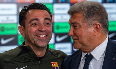 Xavi Hernández and Joan Laporta in April when the president celebrated the manager’s decision to continue in his role next season.