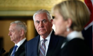 US secretary of defence James Mattis (left) and US secretary of state Rex Tillerson with Australia’s foreign affairs minister Julie Bishop in Sydney on Monday.