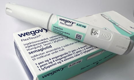 A box of Wegovy with an injection pen on top