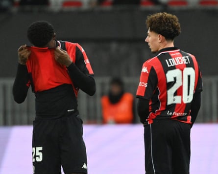 Mohamed-Ali Cho and Tom Louchet look dejected after the Europa League football match between OGC Nice and SC Braga
