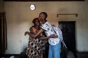 Prince Ngarambe says goodbye to her mother in their family home in Musanze, northern Rwanda, on 12 June 2022. As a teenager, Prince became passionate about fashion. She would watch videos on YouTube of professional models for hours, practising to walk like them with high heels in her courtyard when nobody was home. Her mother would sometimes see her and was accepting of her passion. ‘My family accepts my uniqueness but I have not been able to tell them about my gender identity yet. There is a big chance that they would reject me if I do so,’ says Prince