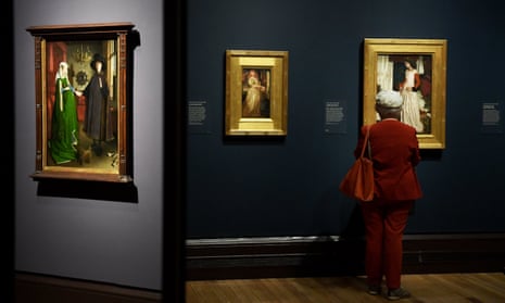 What are these doing in the same room? … Jan van Eyck’s Arnolfini Portrait, and right, some arbitrary Pre-Raphaelites.