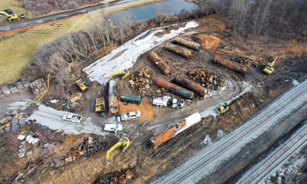  A general view of the site of the derailment of a train carrying hazardous waste in East Palestine, Ohio.
