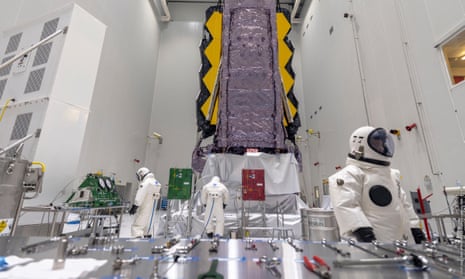 The James Webb Space Telescope being fuelled inside the payload preparation facility at Europe’s spaceport in French Guiana.