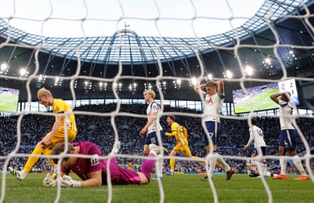 Spurs defenders and goalkeeper hang their heads after Georginio Rutter's last-minute equaliser for Brighton