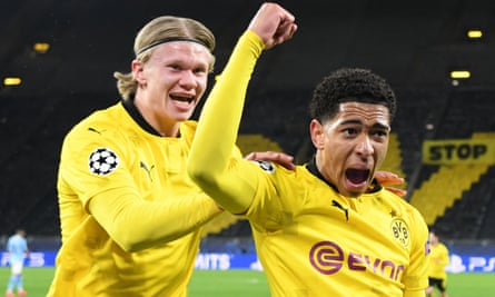 Erling Haaland and Jude Bellingham celebrate a Dortmund goal.