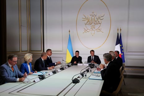 Belgium’s prime minister Bart De Wever, European Commission president Ursula von der Leyen, Poland’s prime minister Donald Tusk, Finland’s president Alexander Stubb, Ukraine’s President Volodymyr Zelenskyy and France’s president Emmanuel Macron at the Coalition of the Willing Summit at Élysée Palace presidential palace in Paris, France.