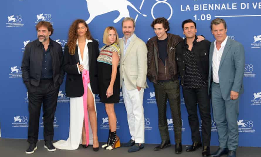 From left: Javier Bardem, Zendaya, Rebecca Ferguson, director Denis Villeneuve, Timothée Chalamet, Oscar Isaac and Josh Brolin at a photocall for Dune at the Venice film festival.