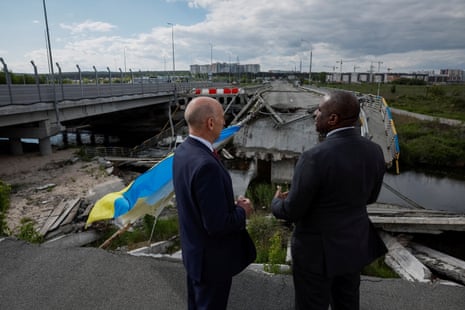 David Lammy and John Healey visiting a destroyed bridge in the town of Irpin, outside Kyiv, yesterday.