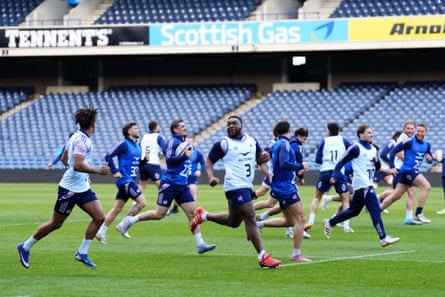 France’s Théo Attissogbe (left) and Demba Bamba (centre) during a team run at Murrayfield.
