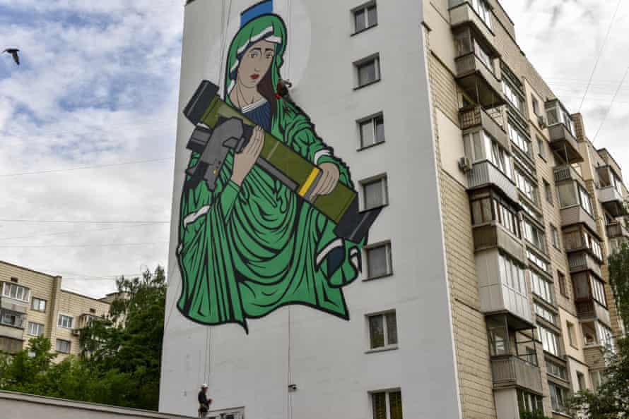 The mural ‘St. Javelina’, which depicts a symbolic figure of Madonna holding a US anti-tank missile system ‘Javelin’ - used by the Ukrainian army in the fight with Russian troops - seen on the wall of an apartment block in Kyiv.