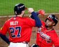 Atlanta Braves second baseman Ozzie Albies celebrates his fourth-inning home run with Austin Riley during Game 3 of the National League wildcard series.