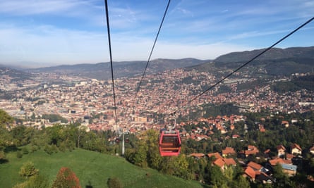 The cable car rising above Sarajevo.