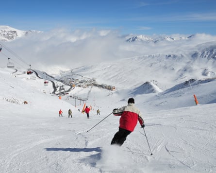 A broad view from the ski slope on to the popular Pas de la Casa skiing resort in the Pyrenees
