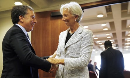 Argentina’s treasury minister, Nicolás Dujovne, greets Christine Lagarde, the managing director of the IMF, in Washington.