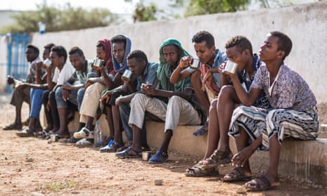  Ethiopian migrants at the IOM transit centre in Obock, waiting to return home. 