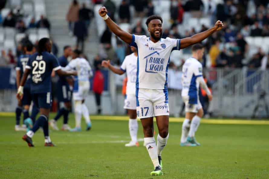 Troyes defender Yoann Salmier celebrates after his team’s 2-0 win over Bordeaux.