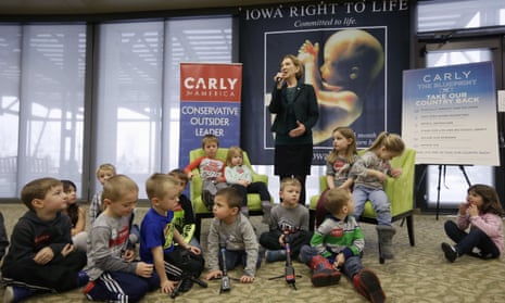 Republican presidential candidate Carly Fiorina is surrounded by preschool students as she speaks during the Iowa Right to Life presidential forum on Wednesday in Des Moines.