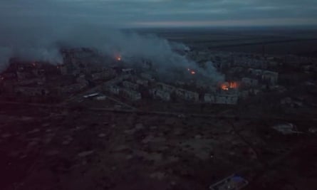Aerial view of fires and smoke over the city, as Russia’s attack on Ukraine continues, in Vuhledar, Donetsk region, Ukraine on 26 January 2023.
