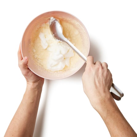 Carefully incorporate the rest of the egg whites, so you keep as much water in them as possible.