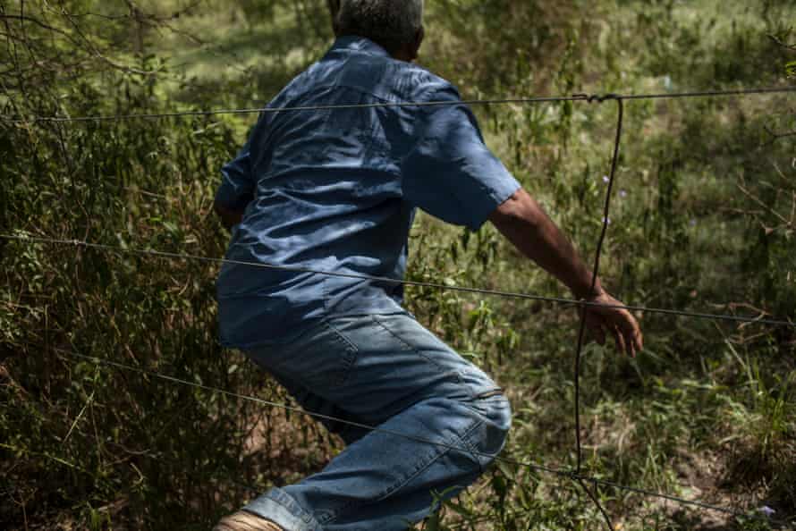 A man climbs through a fence to enter forest