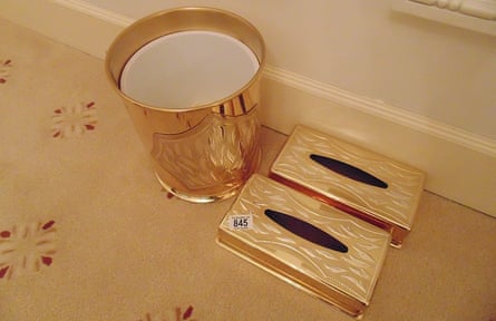 After the death of a previous owner, the entire contents of Rutland Gate in Knightsbridge, London, including these gold-plated tissue boxes and wastepaper bin, were put up for auction