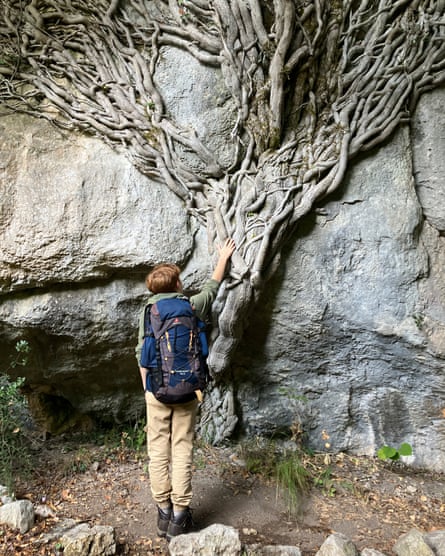 The writer’s son, Osian, enjoying his ‘epic’ adventure as he touches the rock wall that has a tree shape embedded into it.