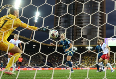 Stina Blackstenius heads home Sweden’s opening goal of the night