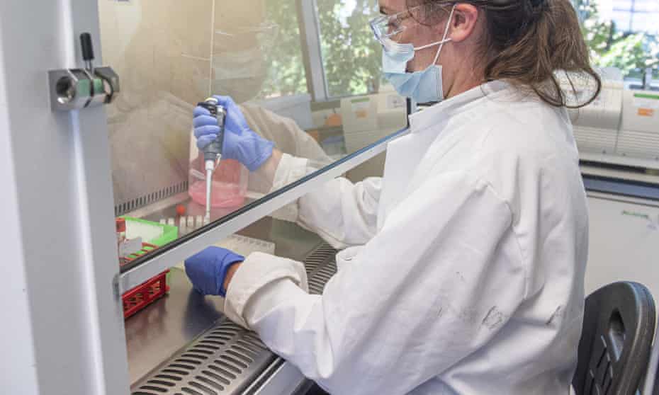 Samples from coronavirus vaccine trials are handled inside a laboratory at Oxford University