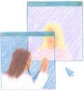 Two overlapping but separate computer window frames featuring a doctor and patient. A small blue cursor arrow lingers beside them.