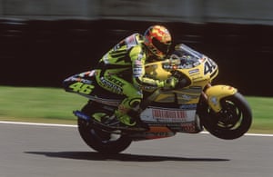 Rossi progressed to premier class, where he rode Honda’s NSR500 to the 2001 500cc Championship, 106 points ahead of Max Biaggi. He’s pictured here pulling a wheelie on the Bugatti Circuit in Le Mans.