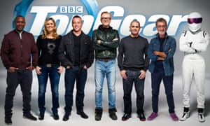Left to right: Rory Reid, Sabine Schmitz, Matt LeBlanc, Chris Evans, Chris Harris, Eddie Jordan, The Stig.