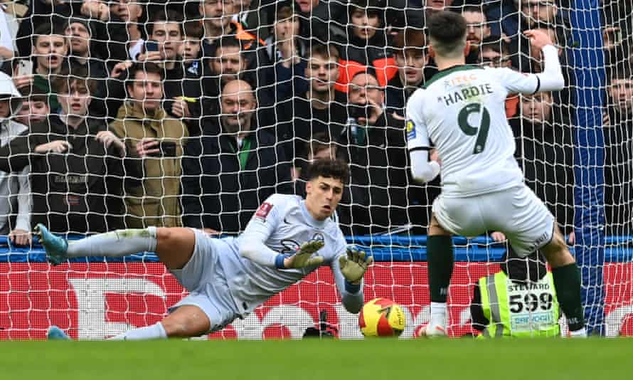 Kepa Arrizabalaga saves a late penalty from Ryan Hardie during Chelsea’s FA Cup win over Plymouth.