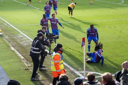 Evann Guessand of Crystal Palace celebrates after scoring a goal during the Premier League match between Crystal Palace and Wolverhampton Wanderers.