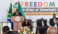South African president Cyril Ramaphosa speaking at a celebration commemorating Freedom Day