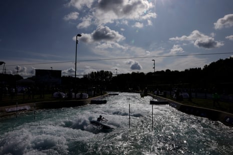 A competitor taking part in the men’s canoe semi-final during day four of the ICF Canoe Slalom World Championships 2023 at the Lee Valley White Water Centre.